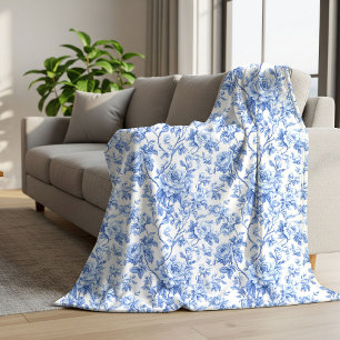 Grandmillennial Blauwe Toile Rozen Bloemen Dekbed Sherpa Deken