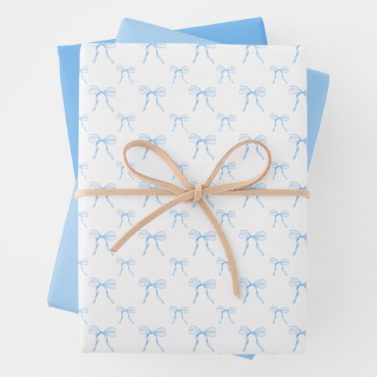 Grandmillennial Blue Bow Wrapping Paper Sheet Set (In situ)