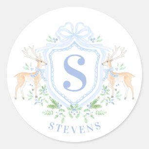 Grandmillennial Christmas Deer Crest Monogram Ronde Sticker