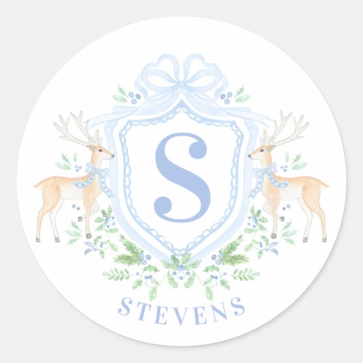 Grandmillennial Christmas Deer Crest Monogram Ronde Sticker (Voorkant)
