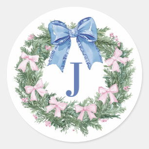 Grandmillennial Christmas Wreath Monogram Ronde Sticker