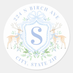 Grandmillennial Deer Crest Monogram Adres Ronde Sticker