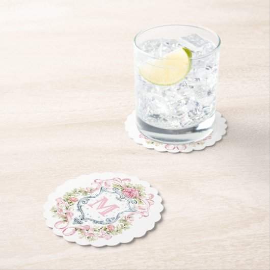 Grandmillennial Floral Crest Monogram | Bruids Kartonnen Onderzetters (Insitu)