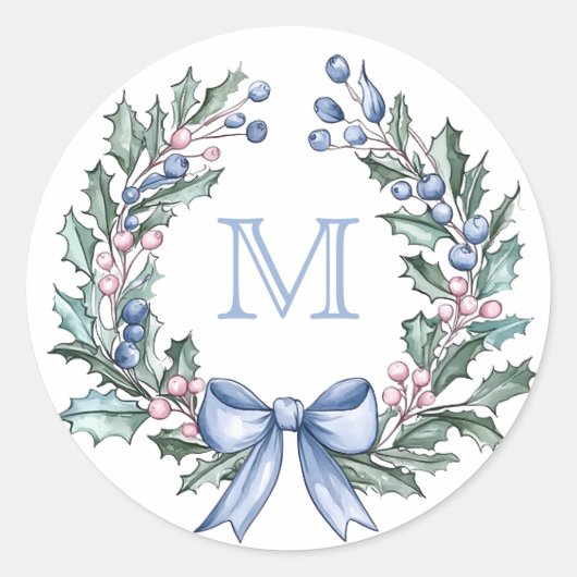 Grandmillennial Holly Kerstmis Monogram Ronde Sticker (Voorkant)