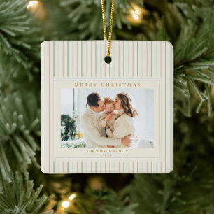 Grandmillennial Kerst Strepen Foto Keramisch Ornament