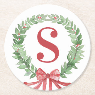 Grandmillennial Kerstkrans Monogram Ronde Kartonnen Onderzetter