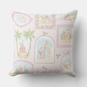 Grandmillennial Pastel Kerststal Monogram Kussen