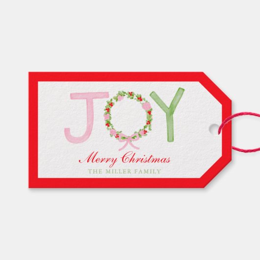 Grandmillennial Preppy Christmas Wreath Joy Cadeaulabel (Voorkant (Horizontaal))