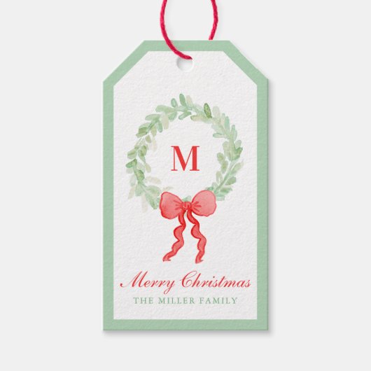 Grandmillennial Preppy Kerstkrans Monogram Cadeaulabel (Voorkant)