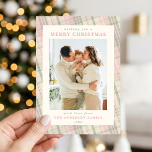 Grandmillennial Roze Groen Geruit Kerst Foto Feestdagenkaart