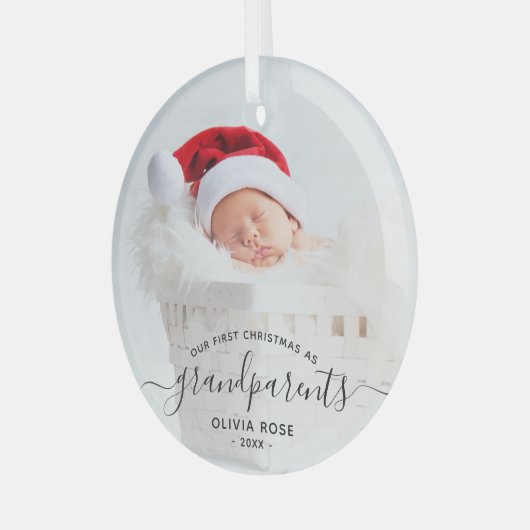 Grandparents First Christmas Photo Black Script Glas Ornament (Voorkant links)