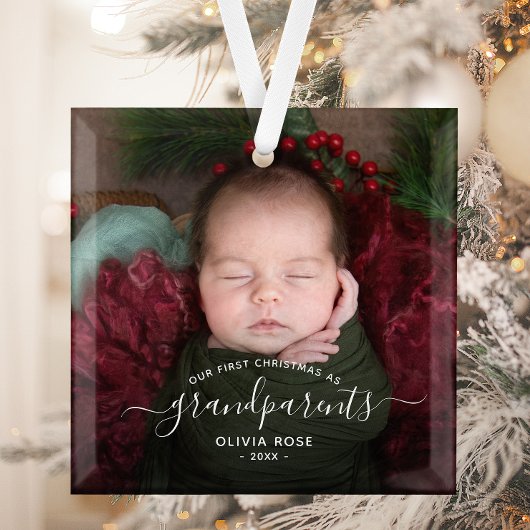 Grandparents First Christmas Photo White Script Glas Ornament