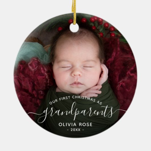 Grandparents First Christmas Photo White Script Keramisch Ornament (Achterkant)