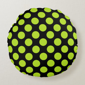 Grands pois verts lime sur un coussin rond noir