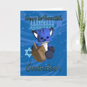 Grandson 1st Hanukkah Card Fox Feestdagen Kaart