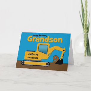 Grandson 9th Birthday Yellow Excavator Naam toevoe Kaart