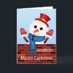Grandson Christmas Snowman Carte de vacances<br><div class="desc">Souhaitez un Joyeux Noël à votre petit-fils. Célébrez la saison des Fêtes avec cette carte de Noël qui présente un bonhomme de neige sympathique à côté d'un mur décoré d'une écriture joyeuse de craie. Habillé d'un casquette rouge et de gants, le bonhomme de neige ajoute une touche ludique et chaleureuse...</div>