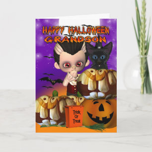 Grandson Halloween vampire kattenpompoen Kaart