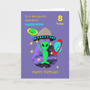 Grandson Spaceship Alien Cute Happy Birthday Card Kaart