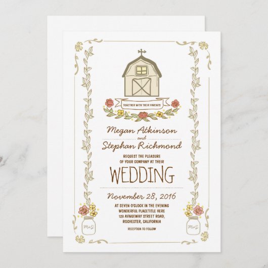 grange brune rustique invitations de mariage (Devant / Derrière)