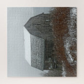 Grange délabrée dans le puzzle paysager enneigé (Vertical)