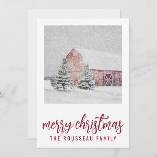 Grange rouge dans la carte de Noël de neige hivern (Devant / Derrière)