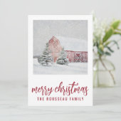 Grange rouge sous la neige hivernale Carte de Noël (Debout devant)