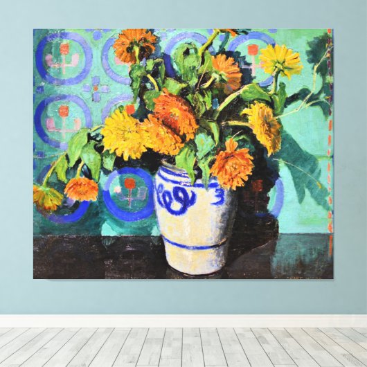 Grant Wood - Calendulas, bloemschilderij Canvas Afdruk (Insitu (Houten vloer))