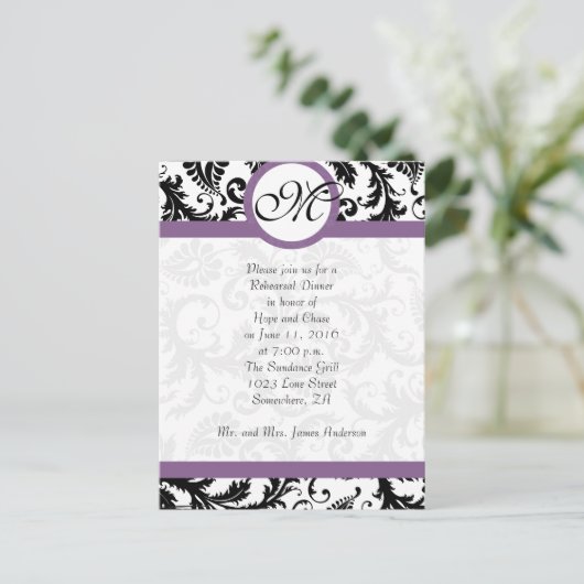 Grape Trim Black Damask Swirls Rehearsal Dinner Briefkaart (Staand voorkant)