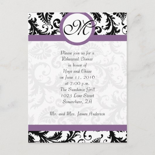Grape Trim Black Damask Swirls Rehearsal Dinner Briefkaart (Voorkant)