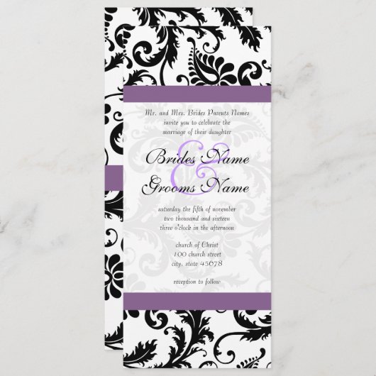 Grape Trim Black Damask Swirls Wedding Invitation Kaart (Voorkant / Achterkant)