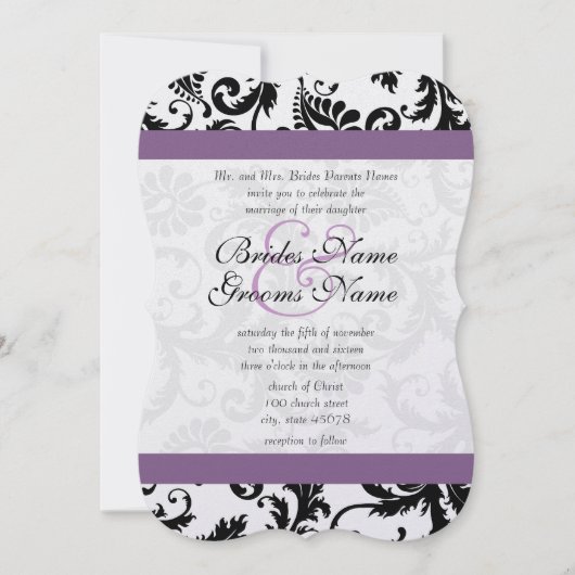 Grape Trim Black Damask Swirls Wedding Invitation Kaart (Voorkant)
