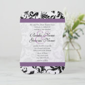 Grape Trim Black Damask Swirls Wedding Invitation Kaart (Staand voorkant)