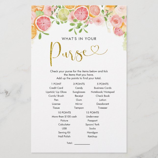 Grapefruit Citrus Vrijgezellenfeest Purse Game (Voorkant)