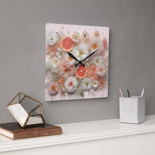 Grapefruit en bloemen Abstract Vierkante Klok (Kantoor)