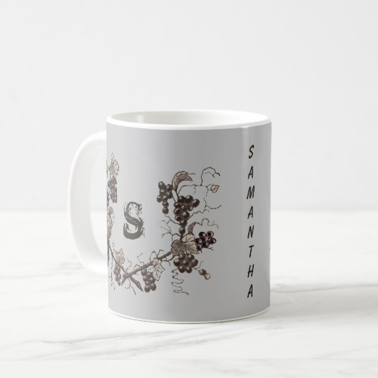  Grapevine Etching Zwart-wit Monogram Koffiemok (Voorkant links)