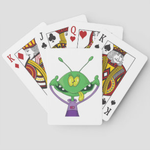 Grapige Groene Alien Maakt Domme Gezicht Pokerkaarten