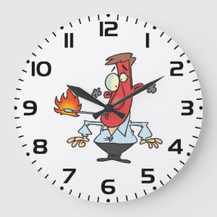 Grapige man met rode kop en koorts thermometer grote klok