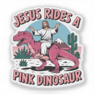 Grapjes over Jezus, Jezus rijdt op een roze dinosa Sticker