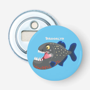 Grapjige piranha cartoon illustratie button flesopener