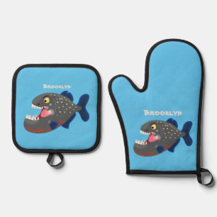 Grapjige piranha cartoon illustratie ovenwant & pannenlap set