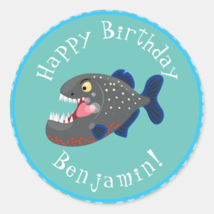 Grapjige piranha cartoon illustratie ronde sticker