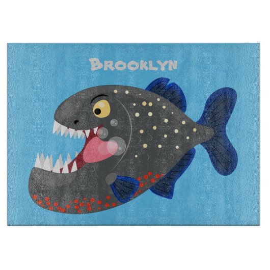 Grapjige piranha cartoon illustratie snijplank (Voorkant)
