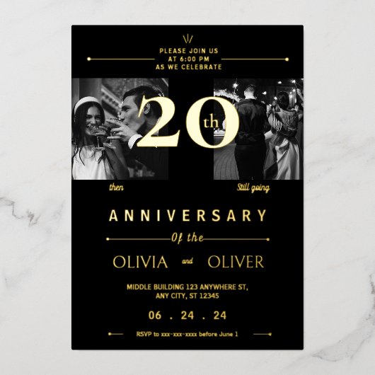Grappig 20ste bruiloft Jubileum toen en nu goud Folie Uitnodiging (Voorkant)