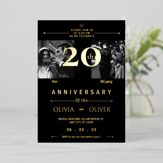 Grappig 20ste bruiloft Jubileum toen en nu goud Folie Uitnodiging (Staand Voorkant)