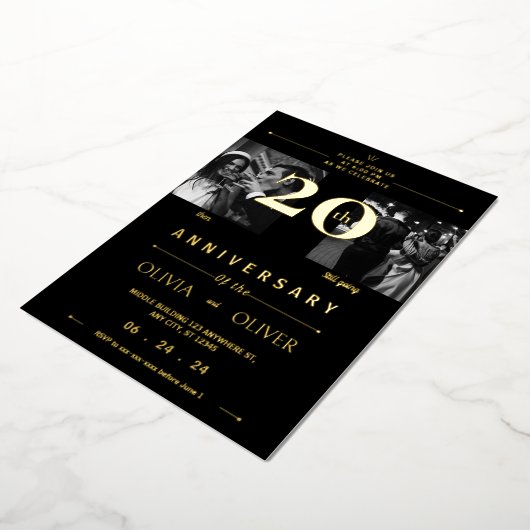 Grappig 20ste bruiloft Jubileum toen en nu goud Folie Uitnodiging (Gedraaid)