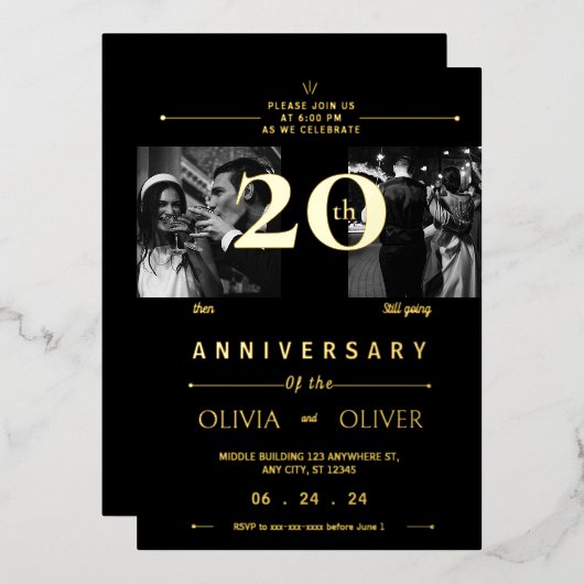 Grappig 20ste bruiloft Jubileum toen en nu goud Folie Uitnodiging (Voorkant / Achterkant)