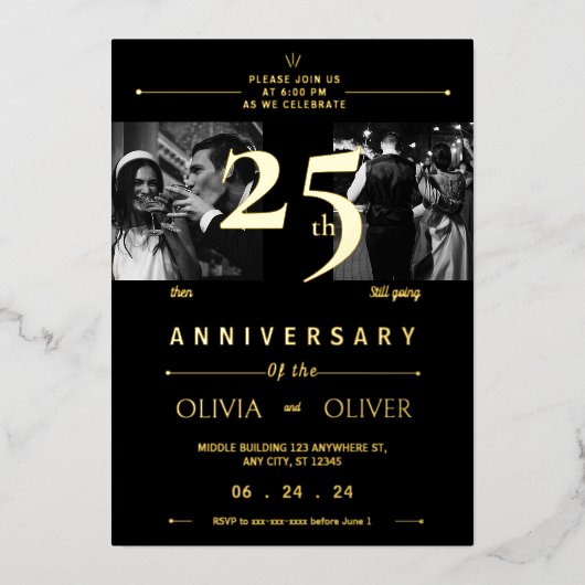 Grappig 25ste bruiloft Jubileum toen en nu goud Folie Uitnodiging (Voorkant)