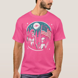 Grappig 4 juli Bigfoot Alien UFO Amerikaanse vlag T-shirt