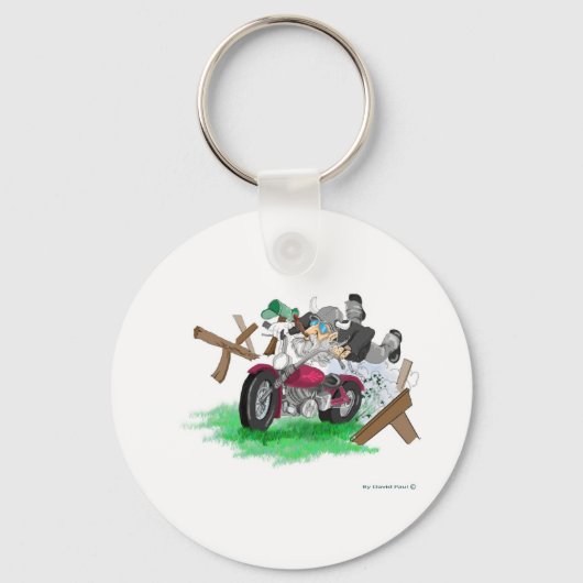 Grappig afbeelding van man op motorfietscrashen sleutelhanger (Voorkant)